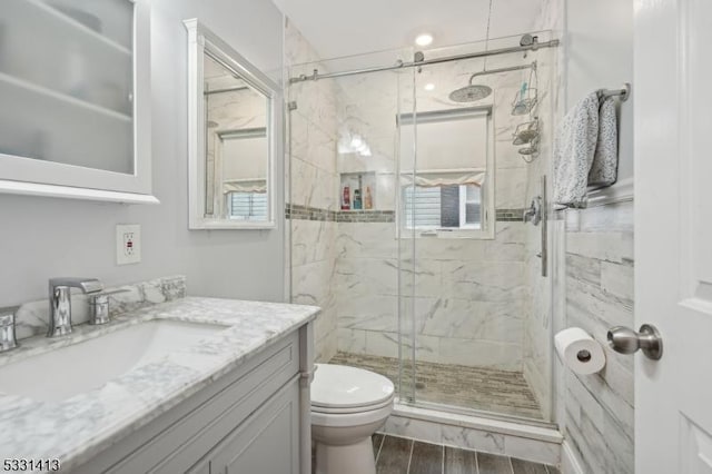 bathroom featuring vanity, toilet, and a shower with door