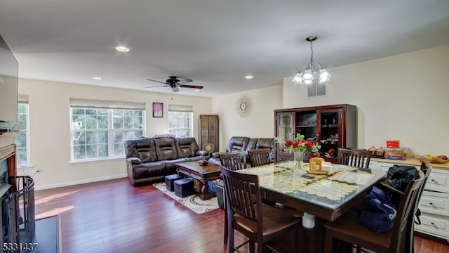 dining space with ceiling fan with notable chandelier and dark hardwood / wood-style flooring