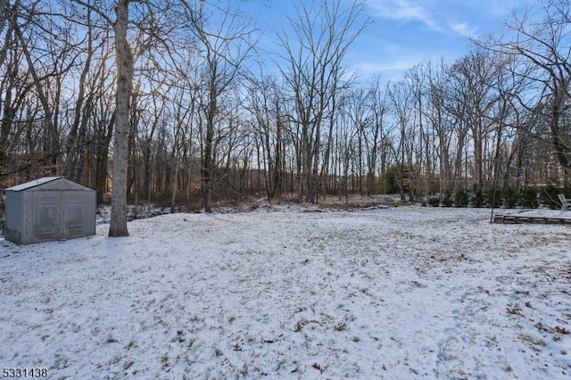 yard layered in snow with a storage unit