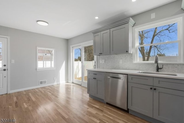 kitchen with visible vents, gray cabinets, light countertops, stainless steel dishwasher, and a sink