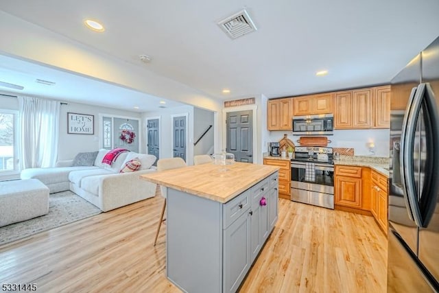 kitchen with wood counters, a center island, a kitchen breakfast bar, light wood-type flooring, and stainless steel appliances