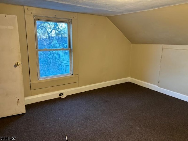 additional living space featuring a textured ceiling, lofted ceiling, and dark colored carpet