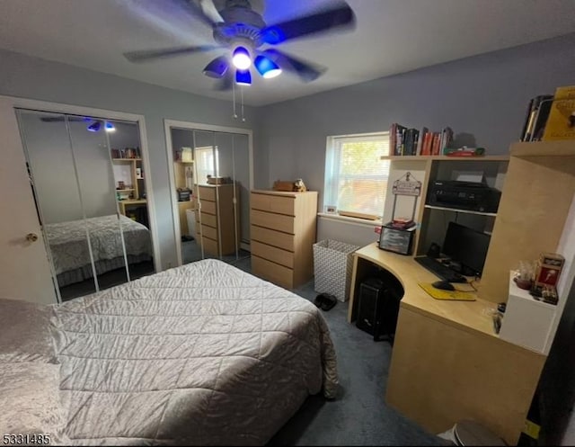 bedroom with ceiling fan, a baseboard heating unit, carpet floors, and two closets