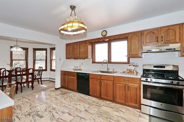 kitchen with stainless steel range with gas cooktop, sink, dishwasher, and pendant lighting