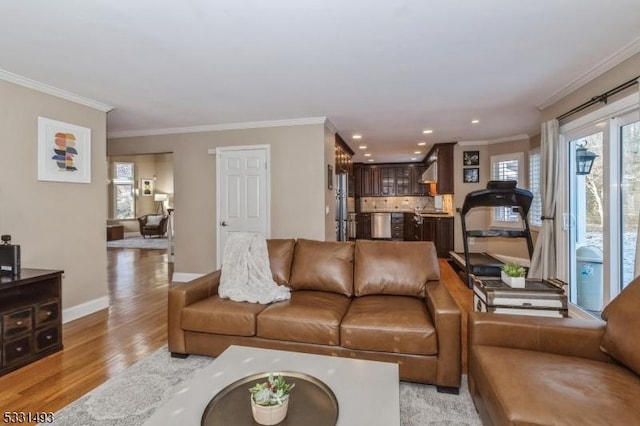 living room featuring light wood-type flooring and crown molding