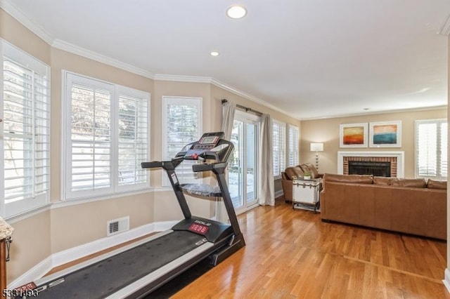 exercise area featuring crown molding, a fireplace, and light hardwood / wood-style flooring