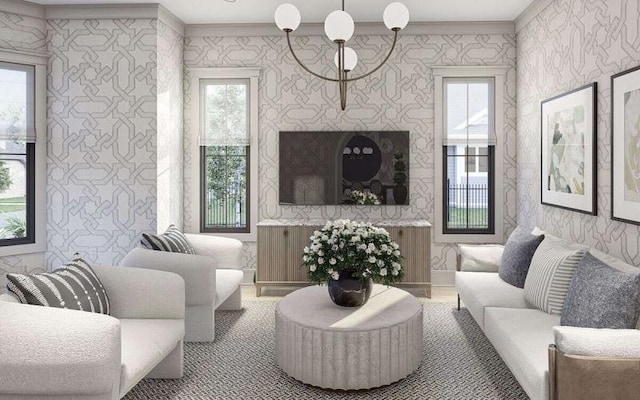 living room featuring ornamental molding and a wealth of natural light