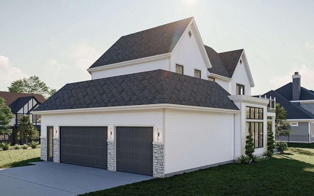 view of side of home with a garage and a yard