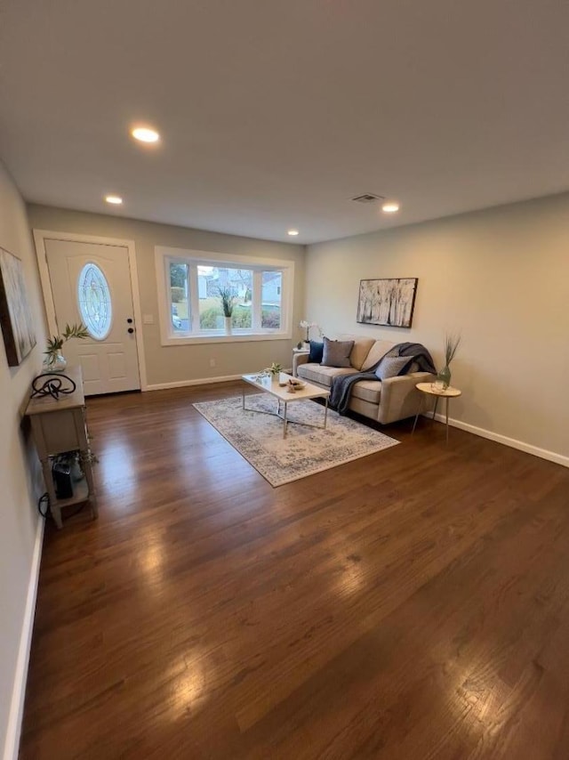 living room featuring dark wood-type flooring