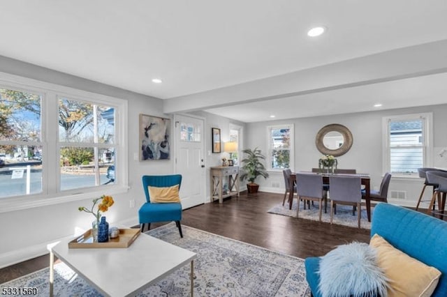 living room with dark hardwood / wood-style floors