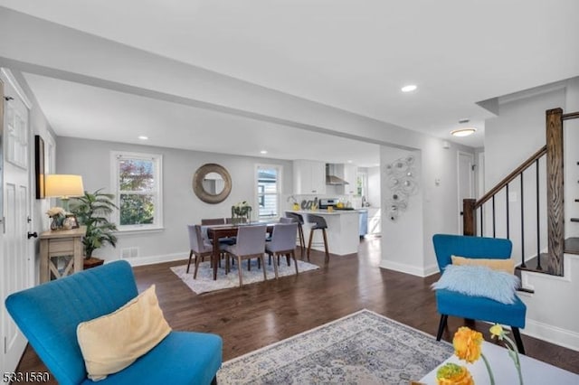 living room with dark wood-type flooring