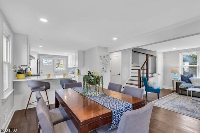 dining area with dark hardwood / wood-style flooring, sink, and a wealth of natural light