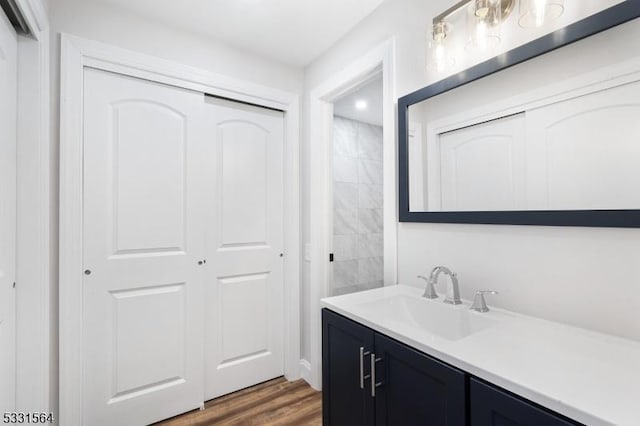 bathroom featuring hardwood / wood-style floors and vanity