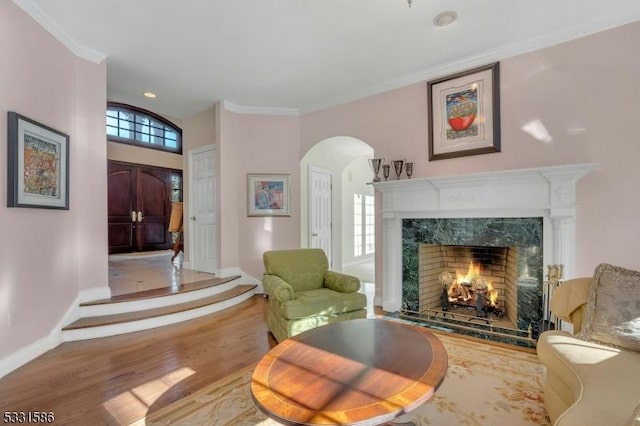 living area with a premium fireplace, ornamental molding, and hardwood / wood-style flooring