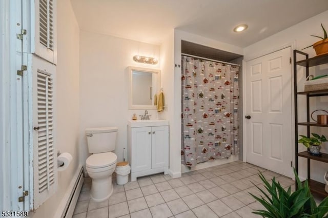 bathroom with a baseboard radiator, tile patterned floors, toilet, vanity, and a shower with shower curtain