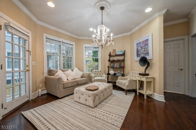 living area with crown molding, a baseboard radiator, dark hardwood / wood-style floors, and an inviting chandelier