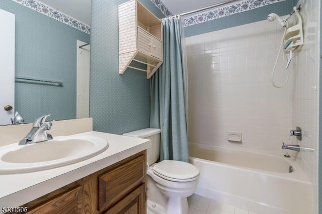 full bathroom with tile patterned flooring, vanity, shower / bath combination with curtain, and toilet