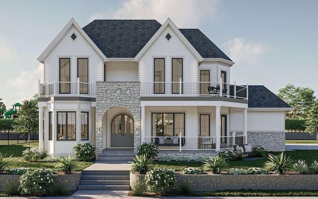 view of front of house with a porch, a balcony, and french doors