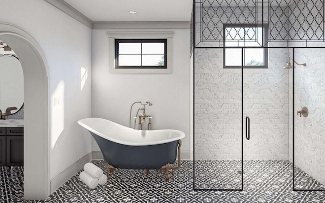 bathroom featuring vanity, separate shower and tub, and ornamental molding