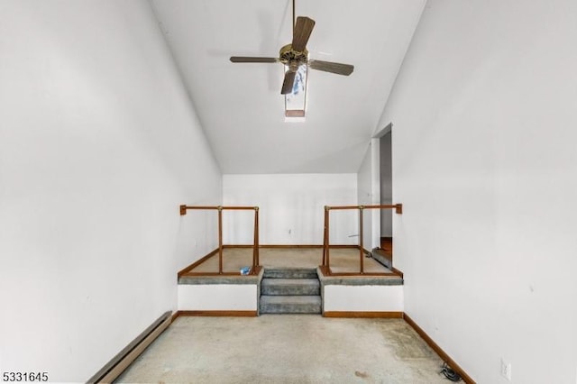 carpeted empty room featuring baseboard heating, ceiling fan, and lofted ceiling