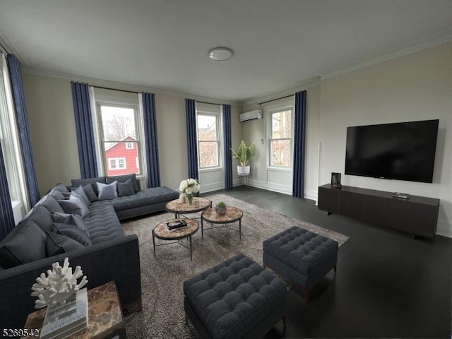 living room with a wall mounted AC and ornamental molding