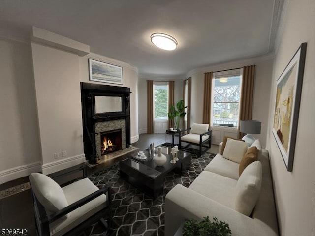 living room featuring a fireplace