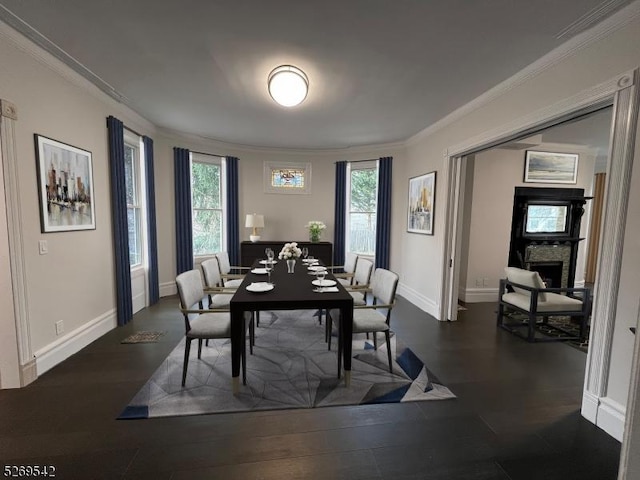 dining room with dark hardwood / wood-style flooring, a wealth of natural light, a fireplace, and ornamental molding