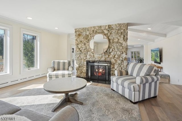 living room featuring a wealth of natural light, a fireplace, wood-type flooring, and a baseboard radiator