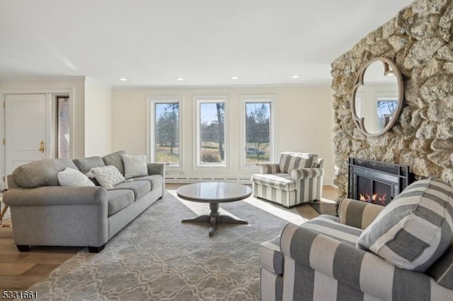 living room featuring a fireplace, wood-type flooring, and ornamental molding