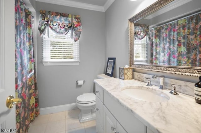 bathroom with toilet, vanity, tile patterned flooring, and ornamental molding