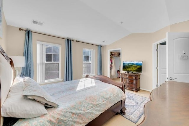 bedroom featuring a walk in closet, a closet, and lofted ceiling