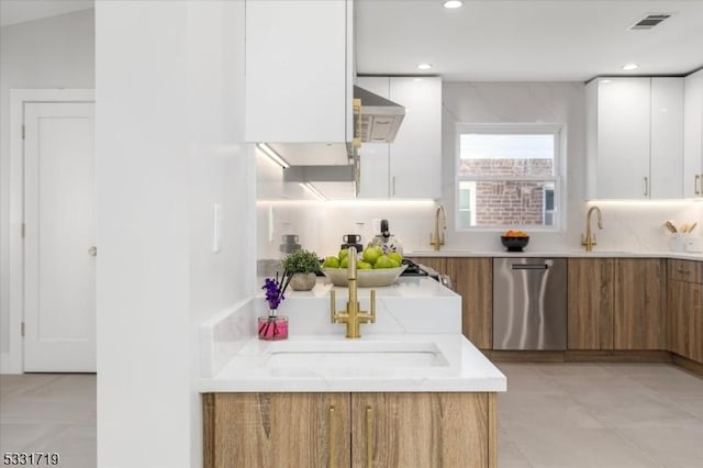 kitchen featuring dishwasher, white cabinets, and sink