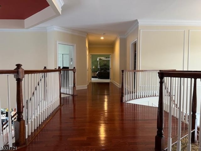 corridor featuring dark hardwood / wood-style floors and ornamental molding