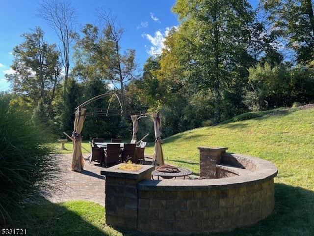 view of yard featuring a patio area and an outdoor fire pit