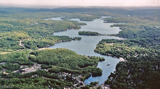 drone / aerial view featuring a water view and a wooded view