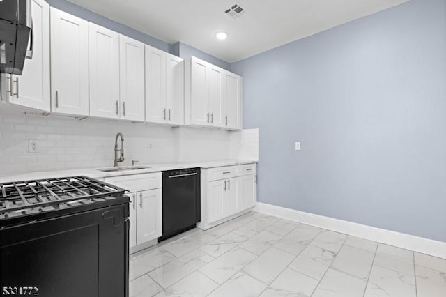 kitchen with sink, backsplash, black appliances, and white cabinets