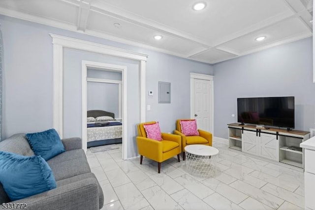 living room with beam ceiling, electric panel, and coffered ceiling