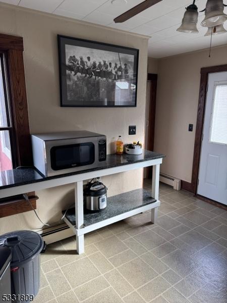 interior space with a baseboard radiator and ceiling fan