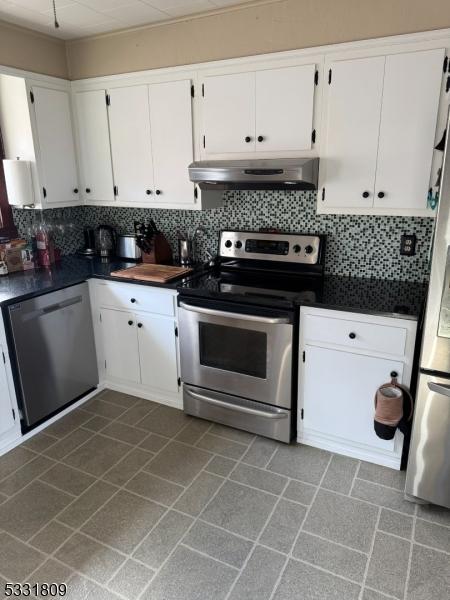 kitchen featuring decorative backsplash, ventilation hood, white cabinetry, and stainless steel appliances