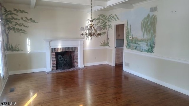 unfurnished living room featuring beam ceiling, dark hardwood / wood-style flooring, a fireplace, and coffered ceiling