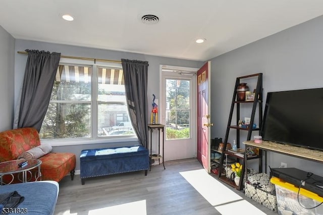 sitting room with wood-type flooring