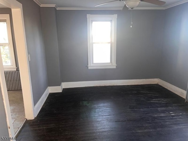 spare room featuring ceiling fan, dark hardwood / wood-style flooring, crown molding, and radiator