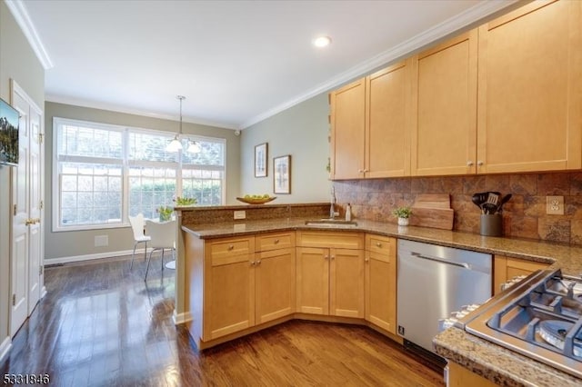 kitchen featuring dishwasher, kitchen peninsula, sink, light brown cabinets, and ornamental molding