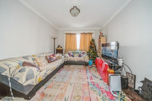 living room featuring crown molding