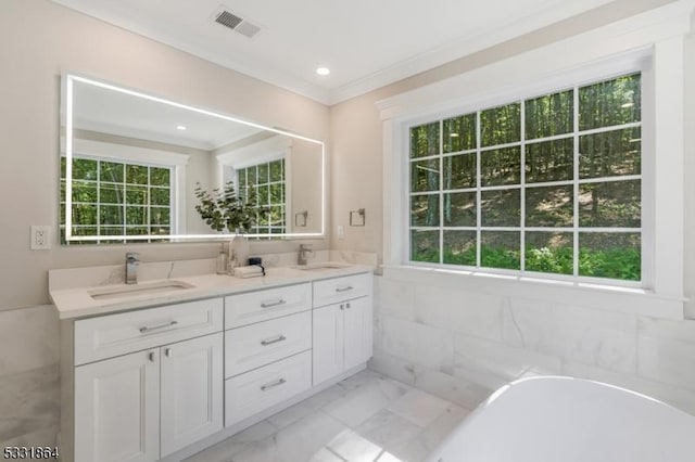 bathroom featuring plenty of natural light, vanity, and crown molding