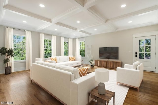 living room with dark hardwood / wood-style flooring, beamed ceiling, and coffered ceiling