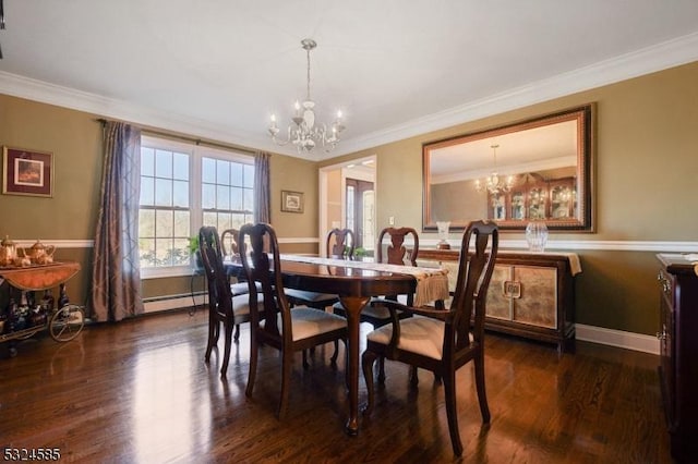 dining area featuring a notable chandelier, dark hardwood / wood-style flooring, and crown molding