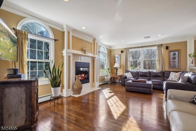 living room featuring a high end fireplace, a baseboard heating unit, plenty of natural light, and crown molding