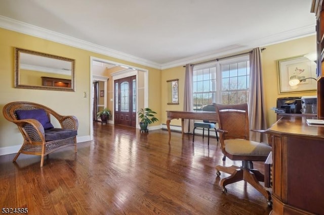 living area featuring crown molding, dark wood-type flooring, and a baseboard radiator