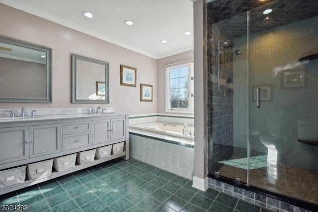 bathroom with tile patterned floors, vanity, separate shower and tub, and ornamental molding